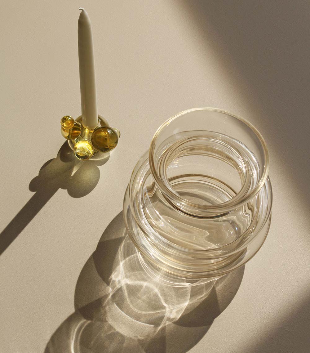Stences Bubble lysestage og Curve Vase, lysegul glas og krystal